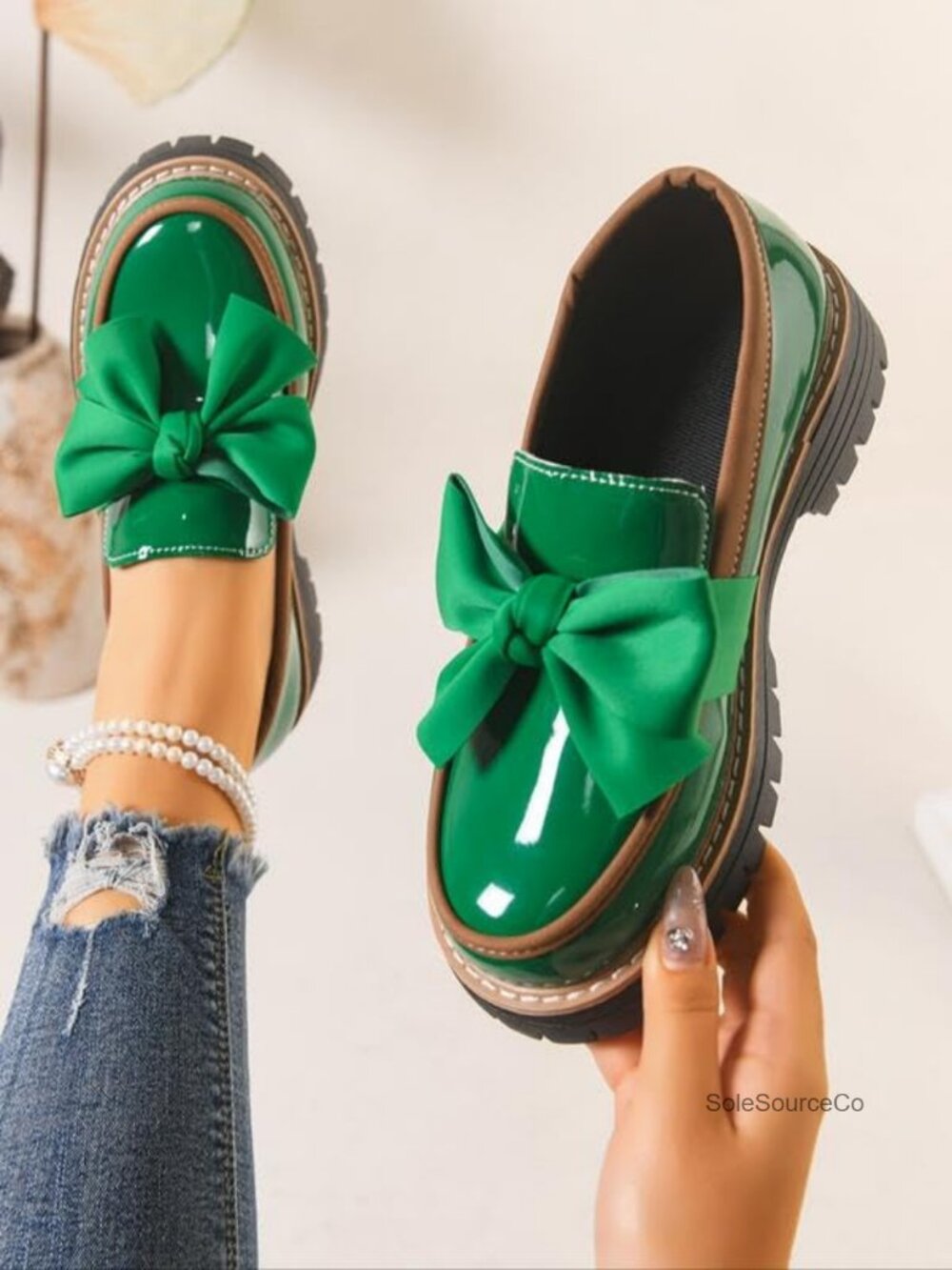 Bowknot Thick Sole Loafers, Platform Chunky Heel Lug Sole, Work Casual Patent - Picture 4 of 4